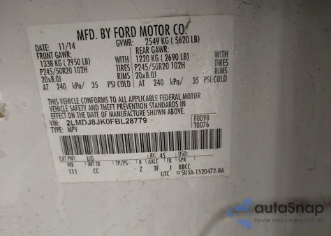 2015 Lincoln Mkx z USA, uszkodzony, nr VIN 2LMDJ8JK0FBL28779